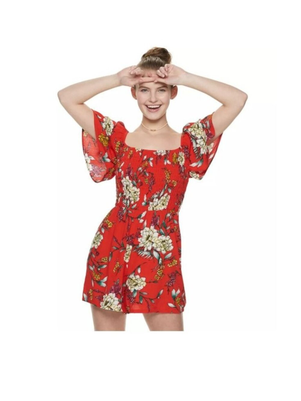 ✨✨✨Lily Rose  Juniors Women S Smocked Scoop Neck Flutter sleeves Roses red Rayon
